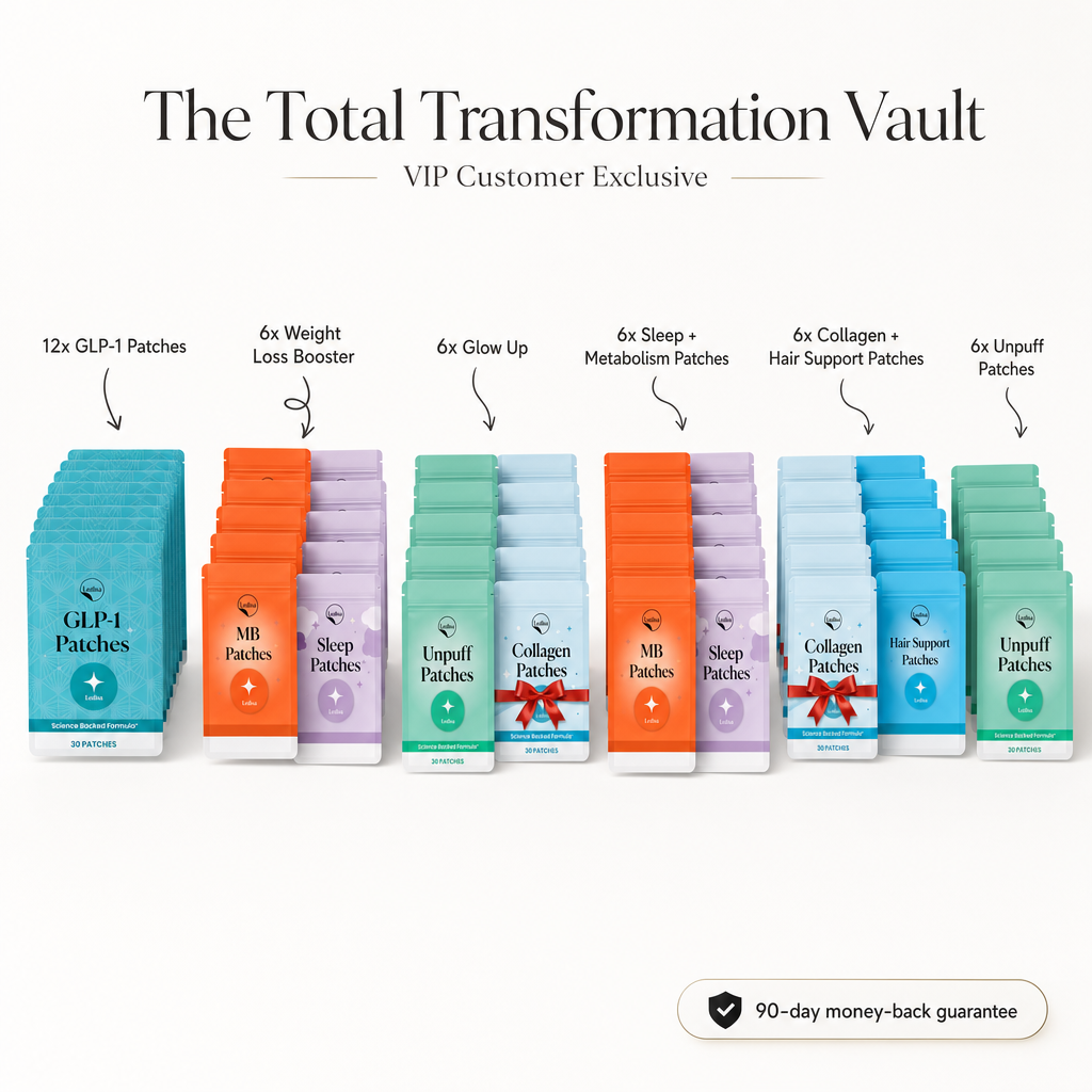 The Total Transformation Vault (2x GLP-1 Patches + 1x Weight Loss Booster + 1x Glow Up + 1x Sleep + Metabolism Patches + 1x Collagen + Hair Support Patches + 1x Unpuff Patches)